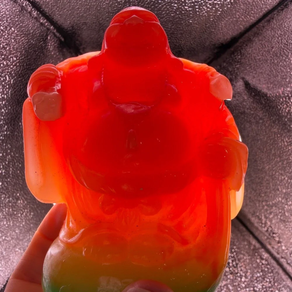 VTG 90s Fire Red & Green Translucent Resin Buddha Ogi Fan‎ & Wu Lou 3.75